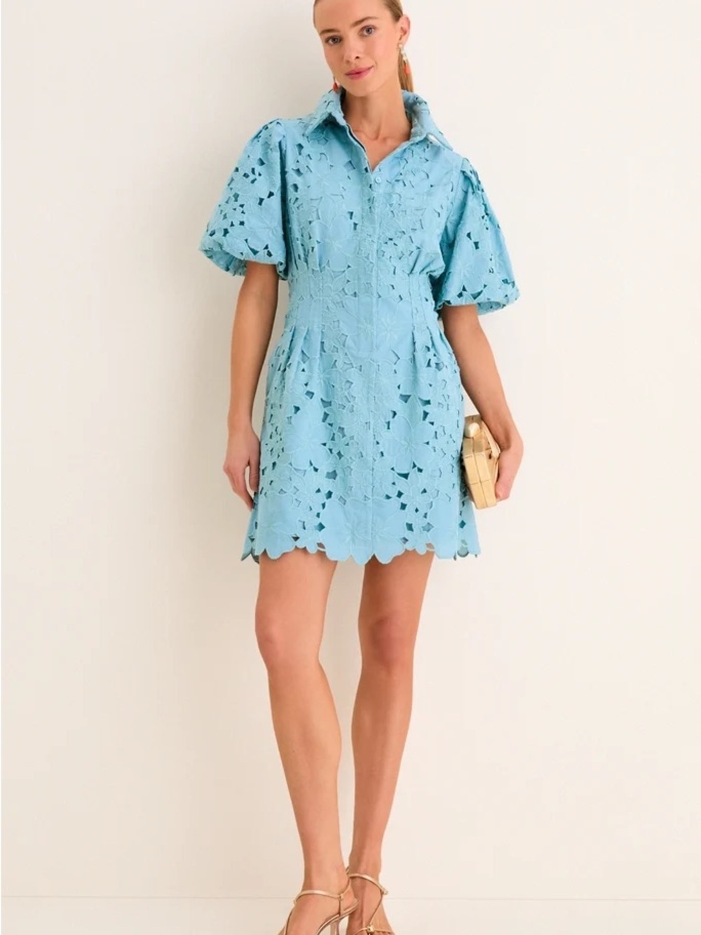 Tuckernuck Cameo Blue Collar Eyelet Mini Delaney Dress M Puff Sleeves Scallop - Picture 3 of 5